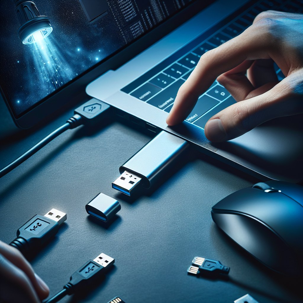 USB drive inserting into dark laptop